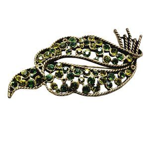 Vintage Signed Kramer Of New York Leaf Rhinestone Brooch (A1461)